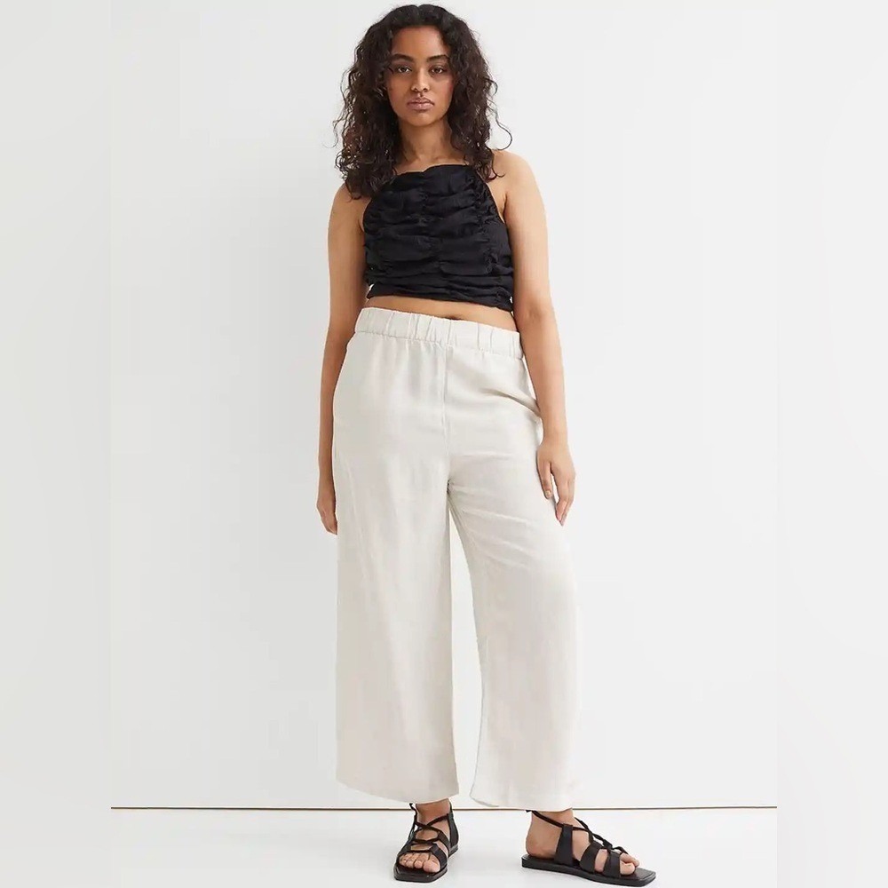 HM Linen Blend Wide Leg Pull On Pants Beige Oatmeal Large 11452767